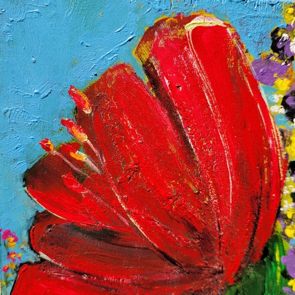 Original Red Poppy Flower Acrylic Painting on Upcycled Square Wood Board - Picture 9 of 13
